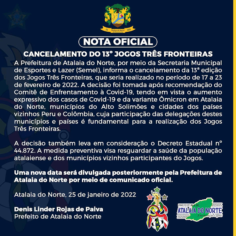 image for Prefeitura de Atalaia do Norte cancela os Jogos Três Fronteiras 2022