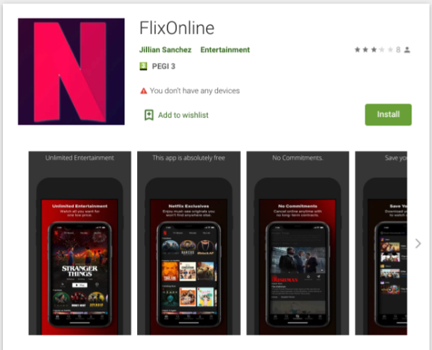 Malware escondido dentro de una aplicación falsa de "Netflix" en Play Store llamada "FlixOnline" que se encuentra en Google Play