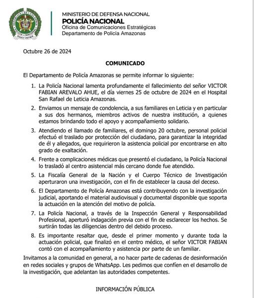 COMUNICADO DE PRENSA DE LA POLICÍA NACIONAL EN LETICIA