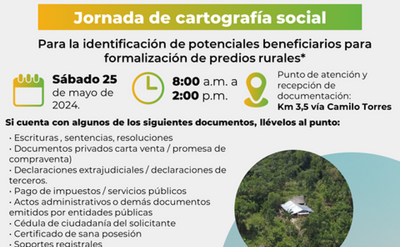 Este 25 de mayo la Agencia Nacional de Tierras llevará a cabo en el km 3,5 Jornada de cartografía social y caracterización de usuarios