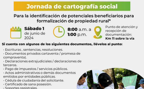 HOY 1 de junio: Jornada de cartografía social y caracterización de potenciales usuarios para formalización de propiedad rural 